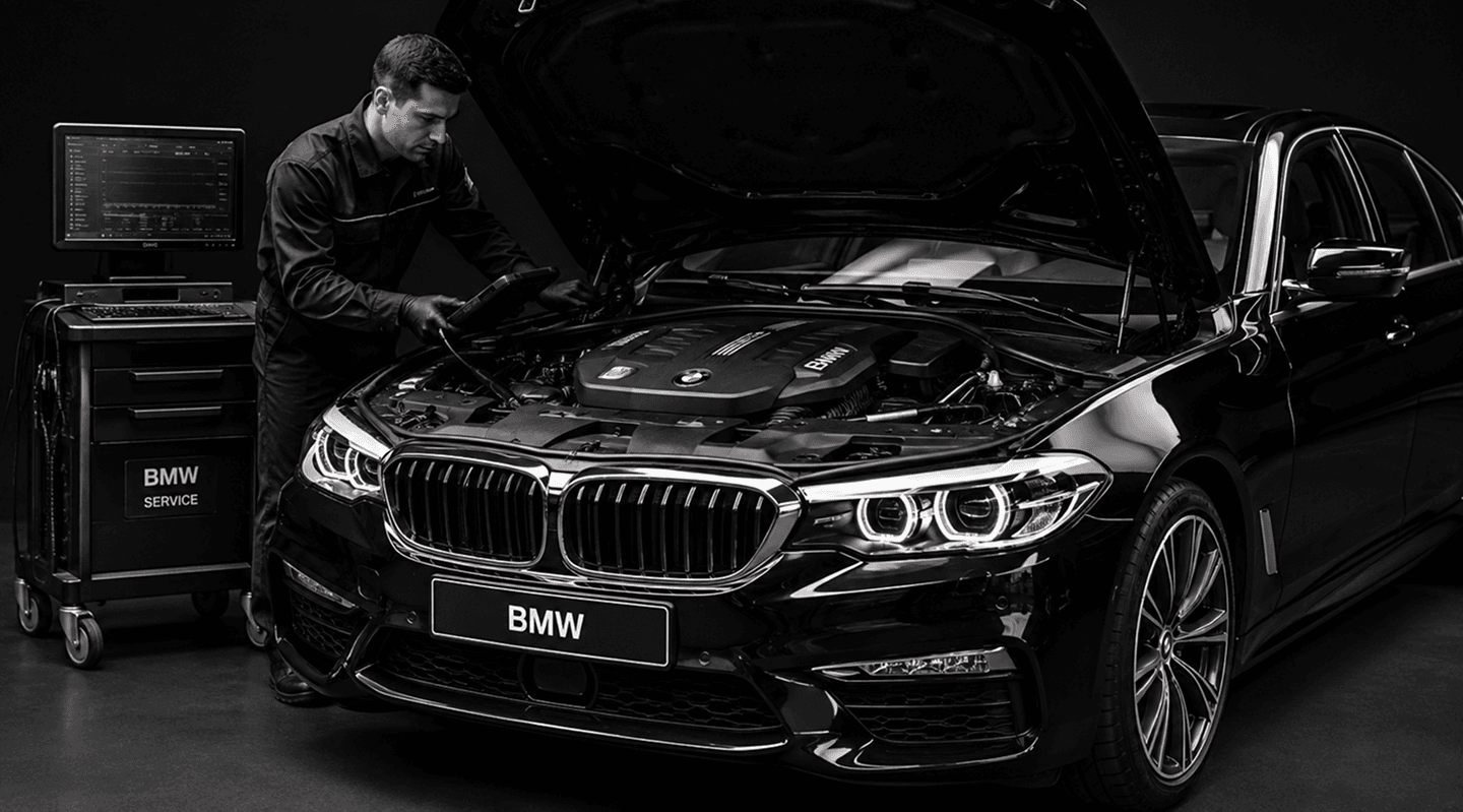 PITHOC technician running diagnostics on a BMW in the workshop